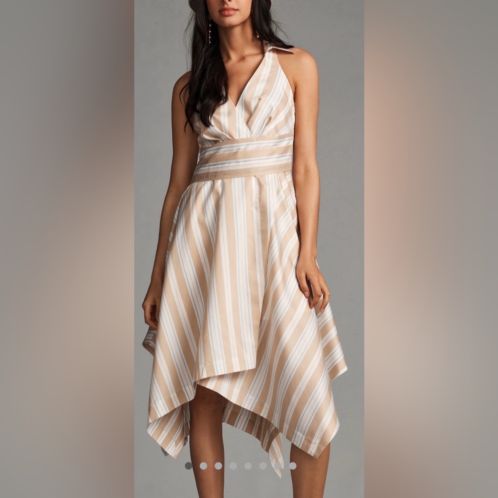 Anthropologie Maeve Beige and White Asymmetrical Dress